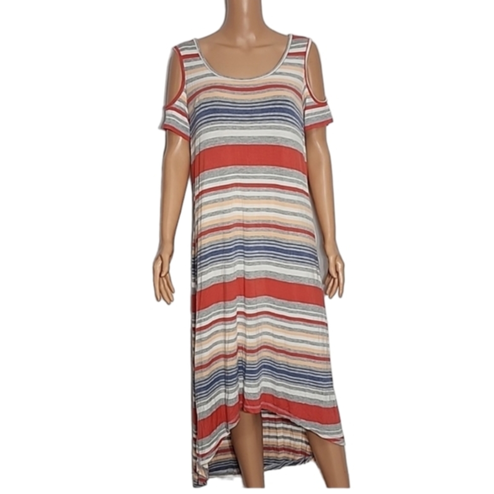Sunday Women’s Maxi Dress Jersey Knit Cold Shoulder Striped Hi Low Hem Size L
